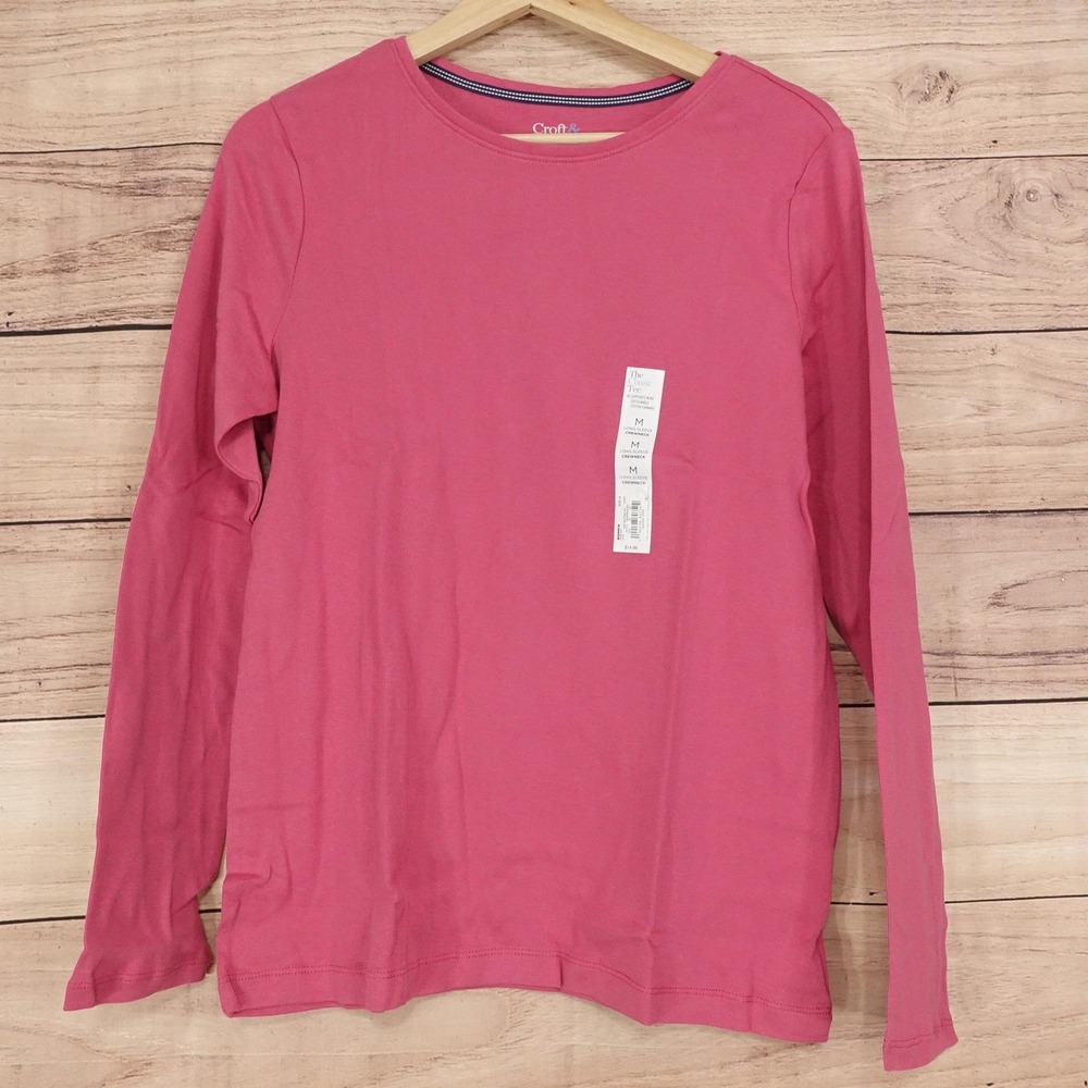 New! Croft & Barrow T-Shirt Womens M Pink Crew Neck Long Sleeve Classic Tee Top